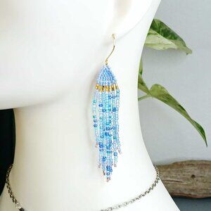 Boho Beaded Fringe Cascade Shoulder Duster Dangle Earrings, Blue & Gold 3.5"